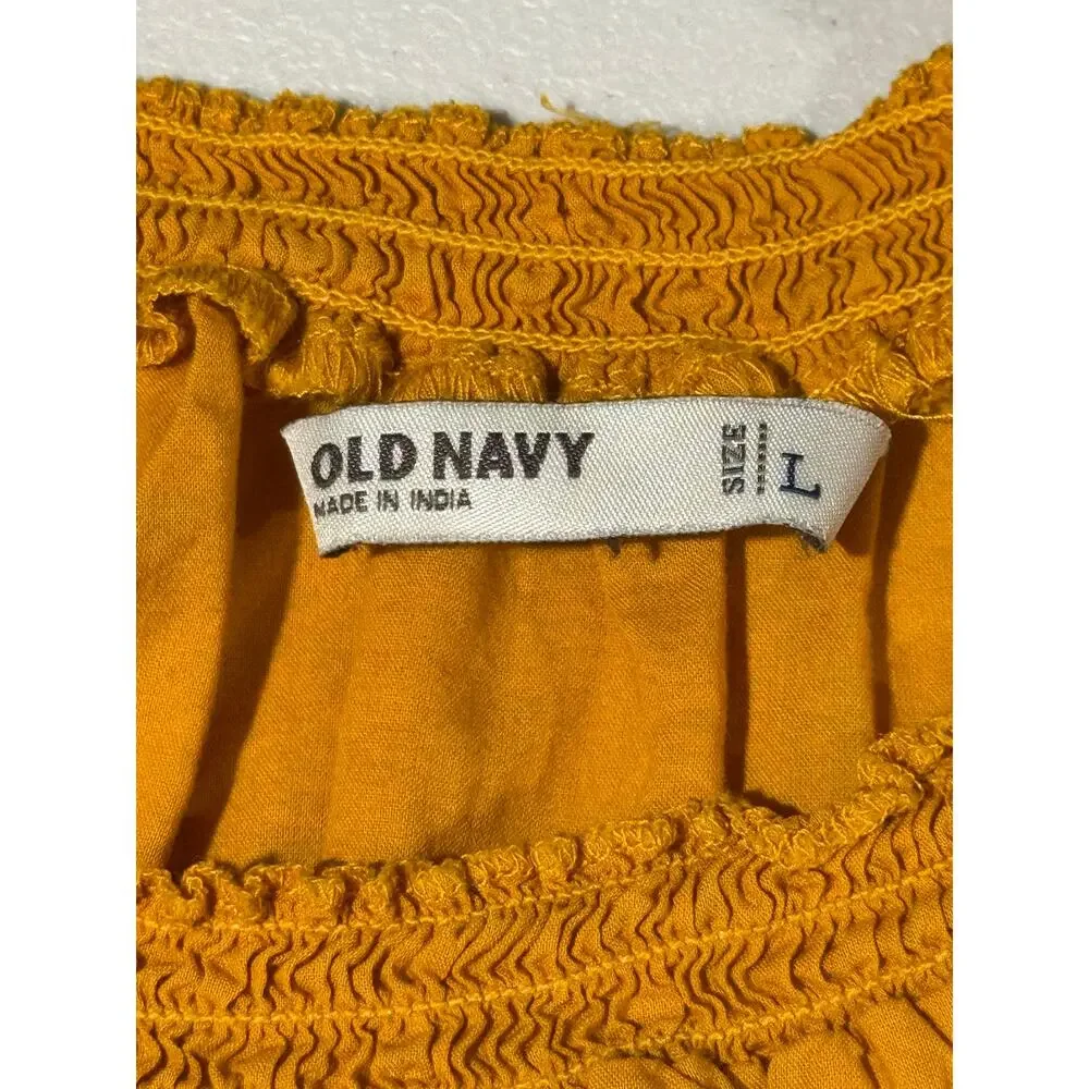 Preppy Mustard Old Navy Puff Sleeve Smocked Flowy Blouse Boho Peasant Festival